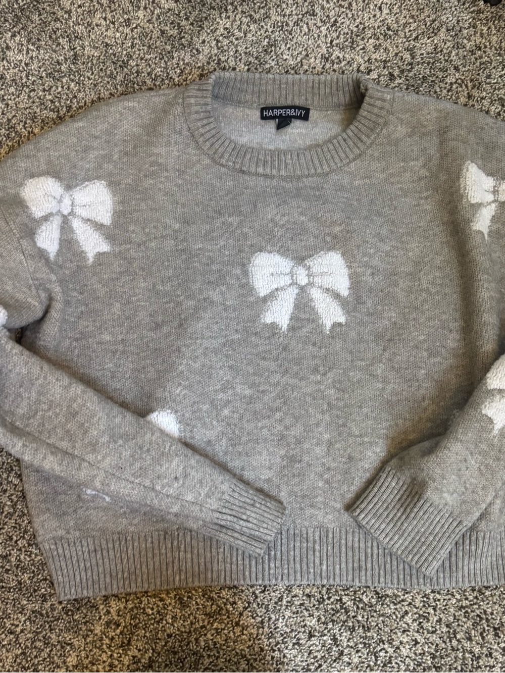 Harper Gray Crewneck Sweater with White Bow Motif
